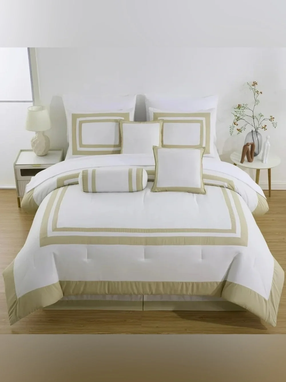 Luxury White and Beige Full 7 piece Hotel-Style Comforter Set